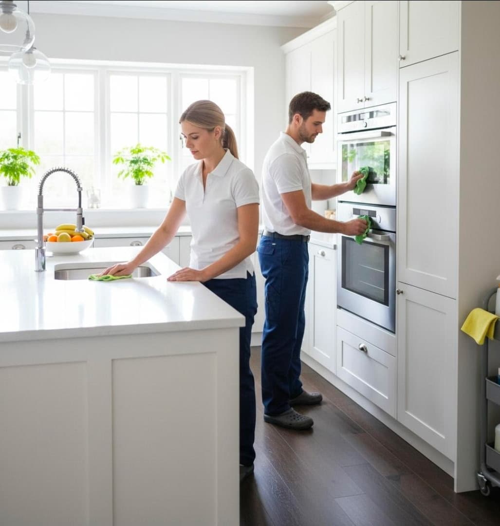 Two-person team cleaning a white kitchen island and ovens