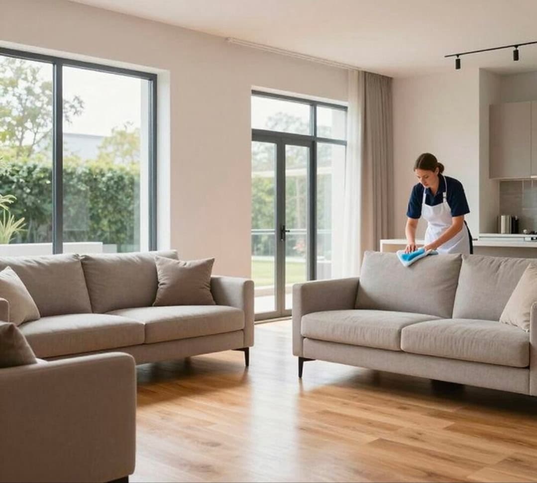 Bright living room with sofas being dusted and polished wood floors