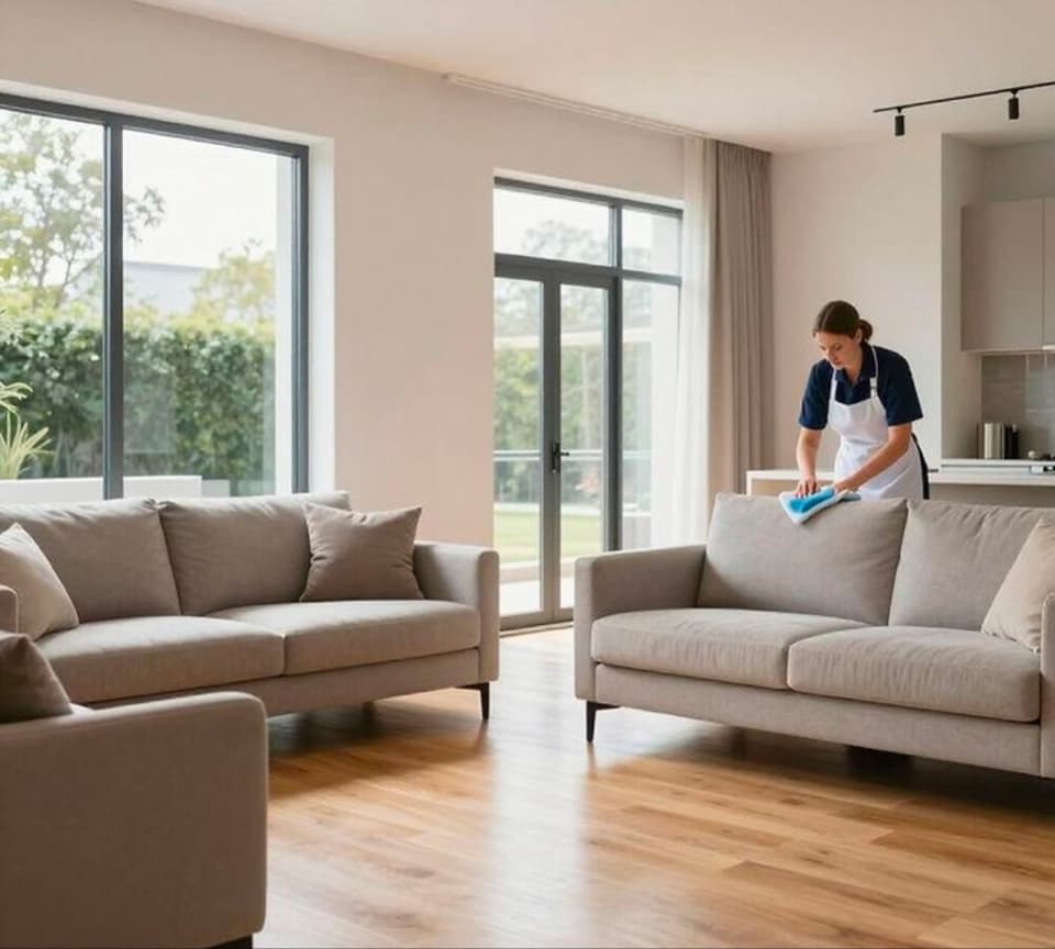 Calm, sunlit living room with sofas and polished wood floors after a thorough clean