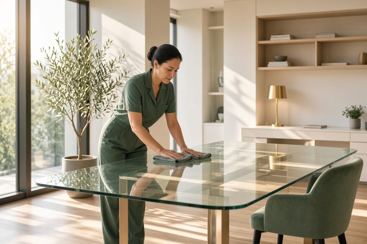 Professional cleaner wiping a glass conference table in a sunlit luxury office with sage chairs and oak floors