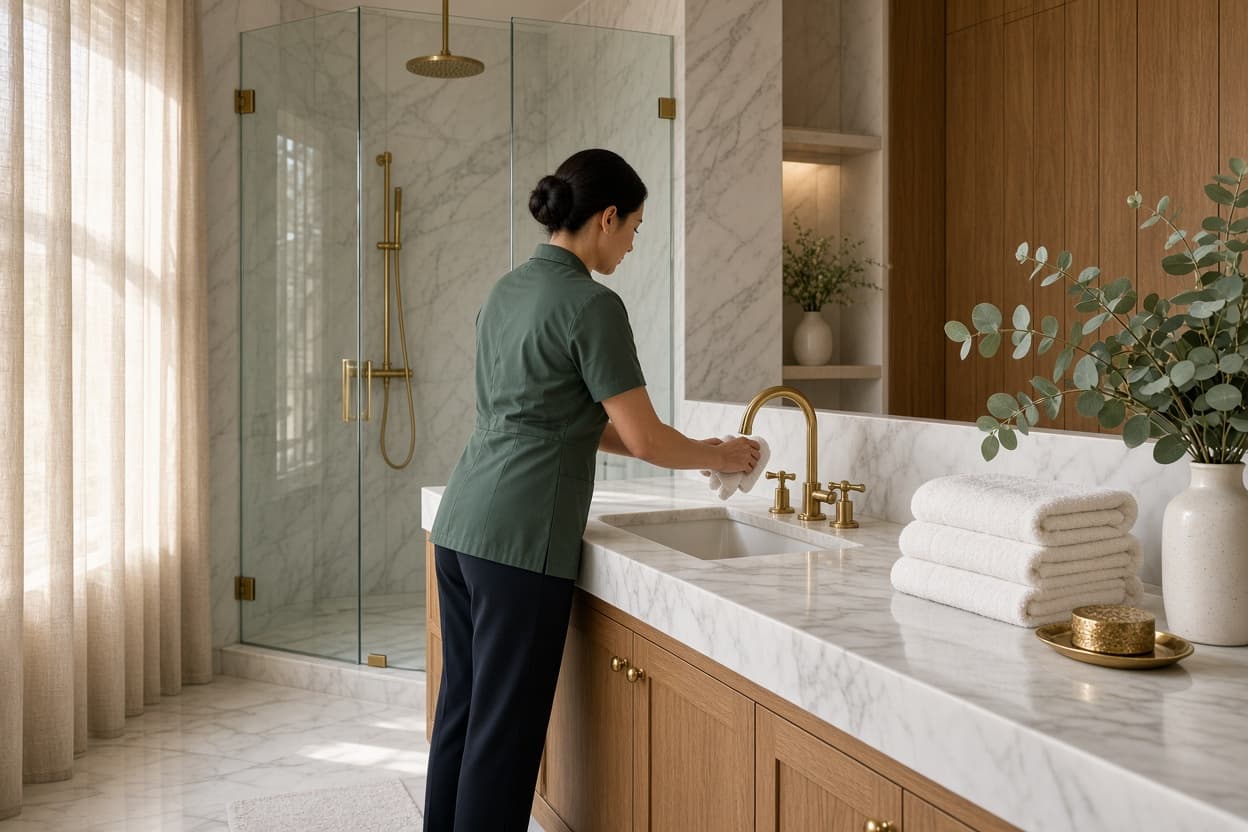 Professional cleaner polishing a champagne-gold faucet in a luxury marble spa bathroom