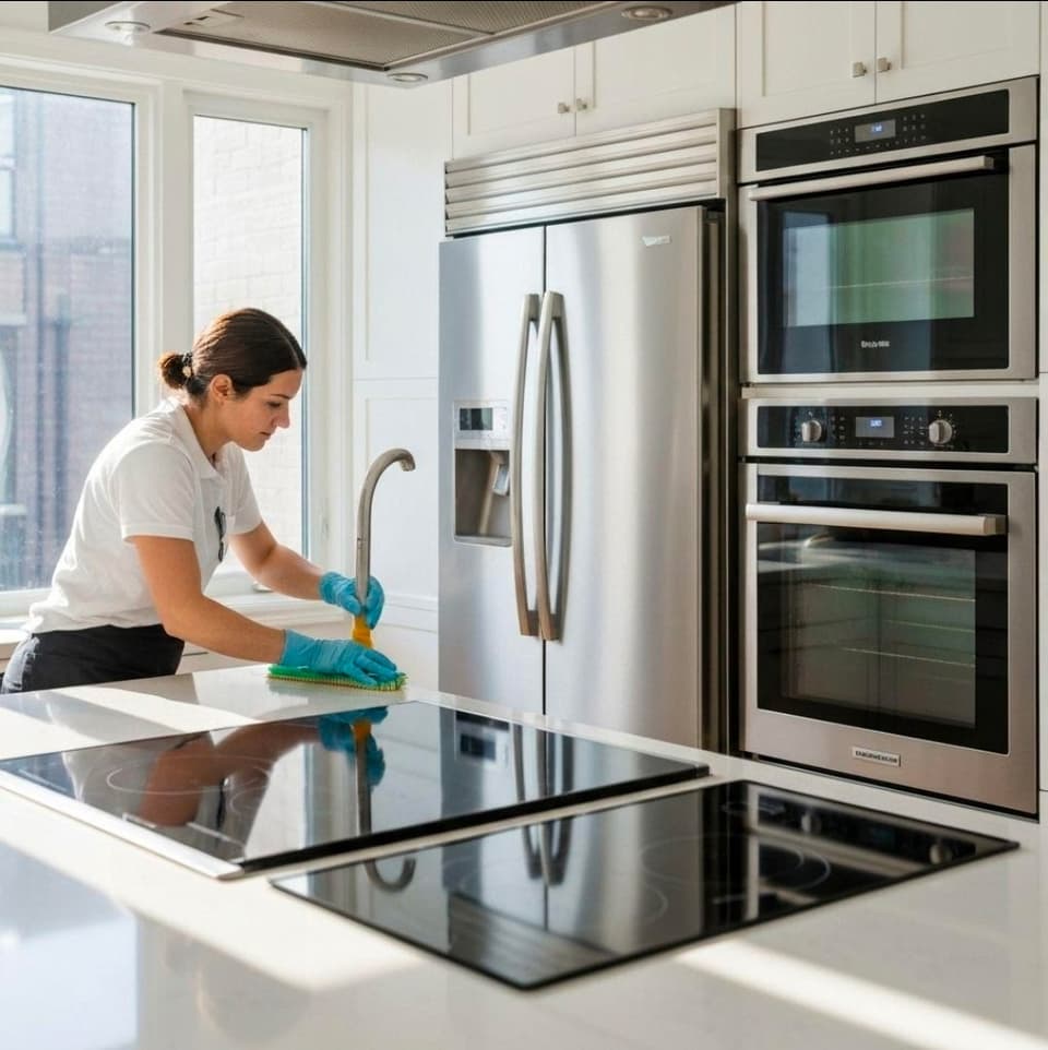 Spotless kitchen island with glass cooktops being wiped down
