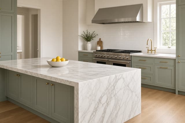 Hotel-finished kitchen with Calacatta marble island, sage cabinetry, and champagne-gold hardware