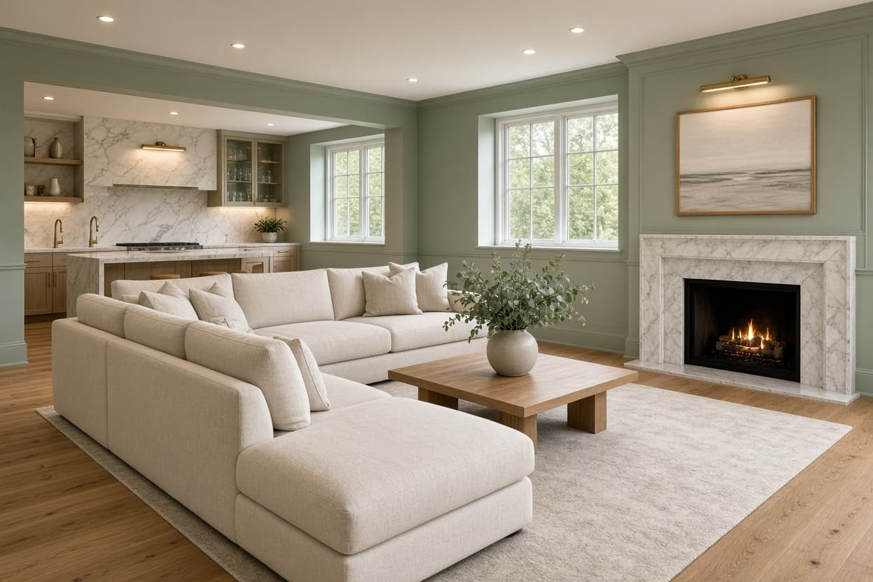 Finished basement family room with sage walls, ivory sofa, oak floors, and a marble wet bar after a professional clean