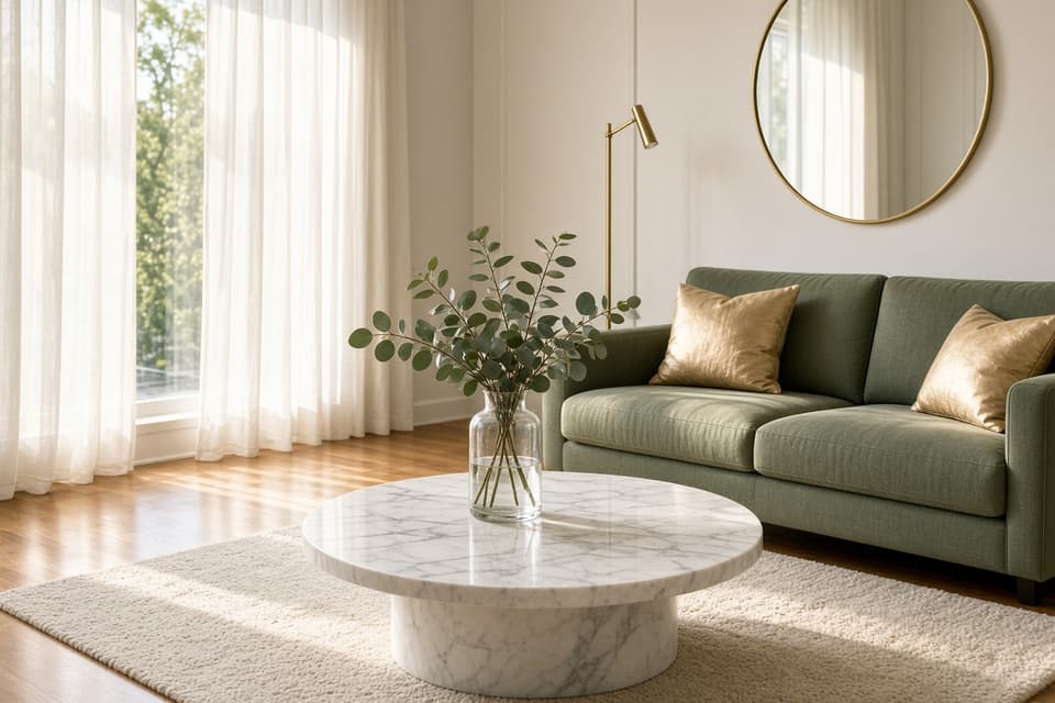 Sunlit luxury living room with a sage linen sofa, marble table, and gleaming oak floors after a professional clean