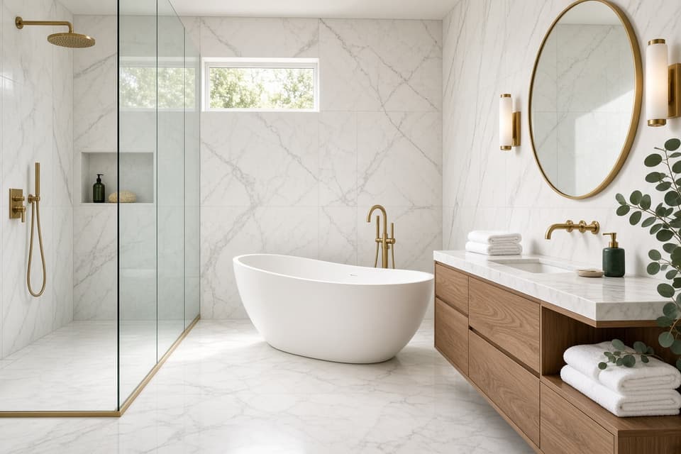 Spa bathroom with honed marble, frameless glass shower, brass fixtures, and stacked ivory towels
