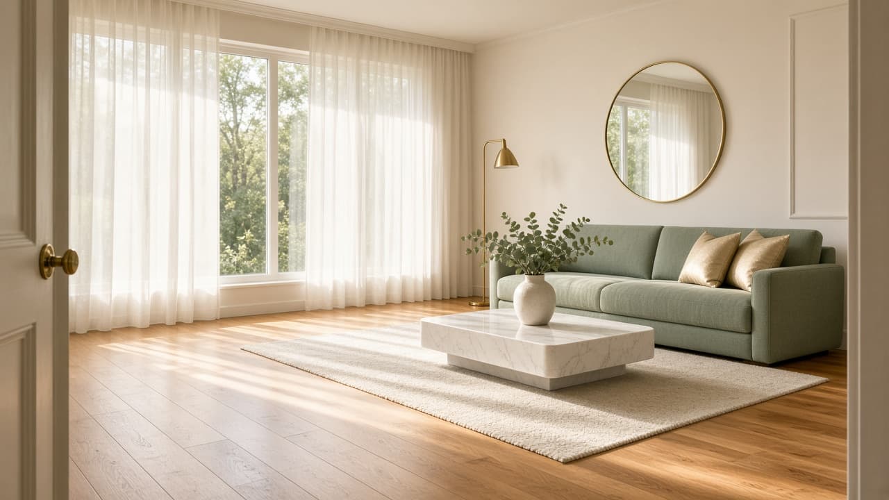Sunlit luxury living room with a sage linen sofa, marble table, eucalyptus, and gleaming hardwood, the finish of a professional clean