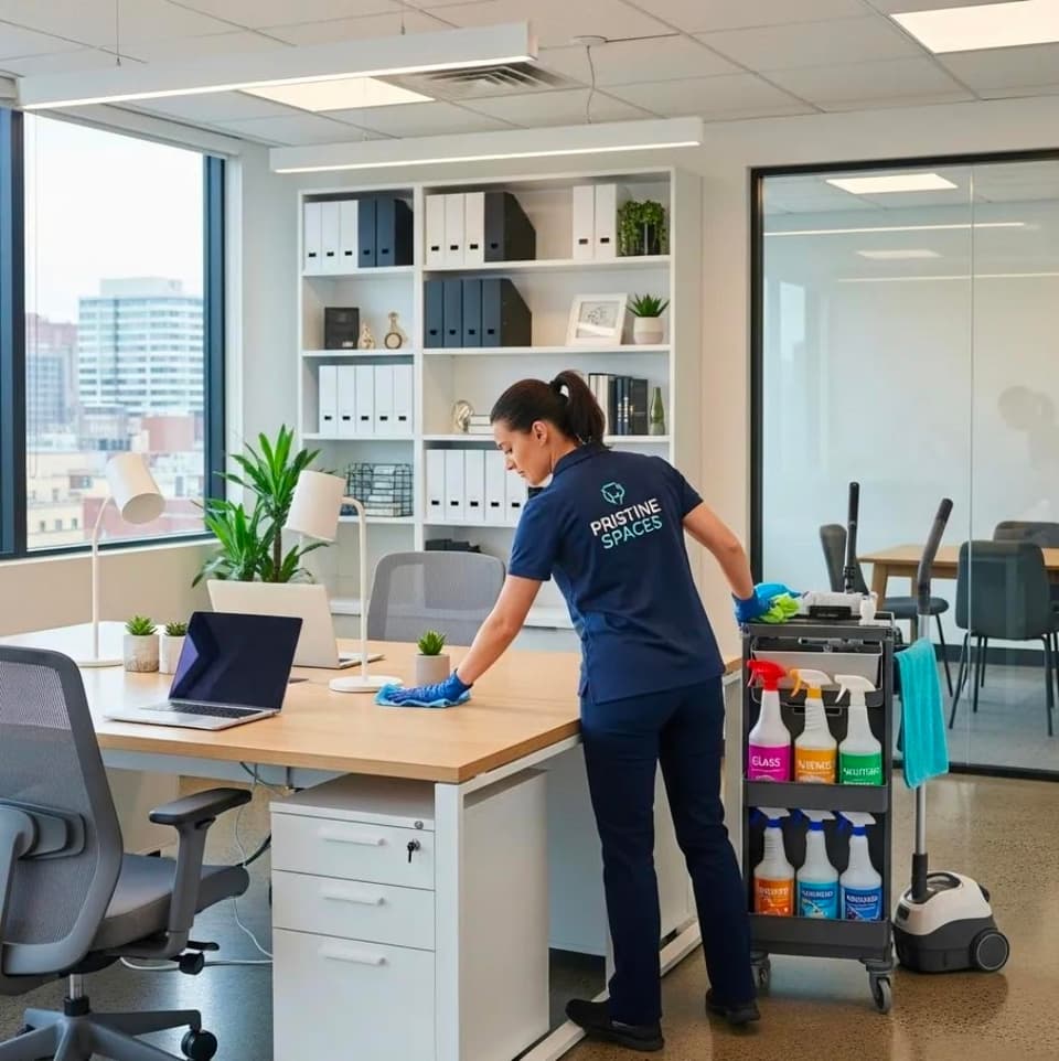 Bright, spotless modern office being cleaned at a standing desk near floor-to-ceiling windows